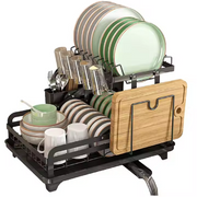 Black carbon steel 2-tier dish drying rack with drainboard and swivel spout by Lavish Kitchen Isle, perfect for drying dishes.