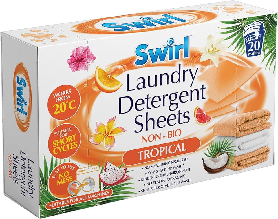 Swirl Laundry Detergent Sheets – Tropical Scent – Pack of 14 (20 Sheets Each) | Eco-Friendly, Lightweight & Travel-Friendly Washing Solution