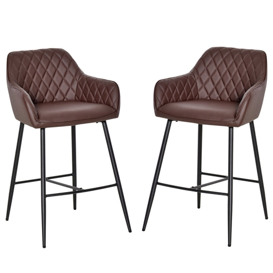 Set of 2 Bar stools With Backs Retro PU Leather Stylish Dining Seating Home- Brown