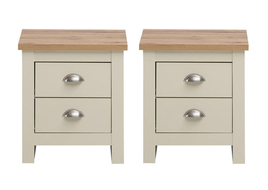 2x Bedside Cabinet with 2 Drawers Ite Range Bedroom Furniture  Cream & Oak Effect Nightstands