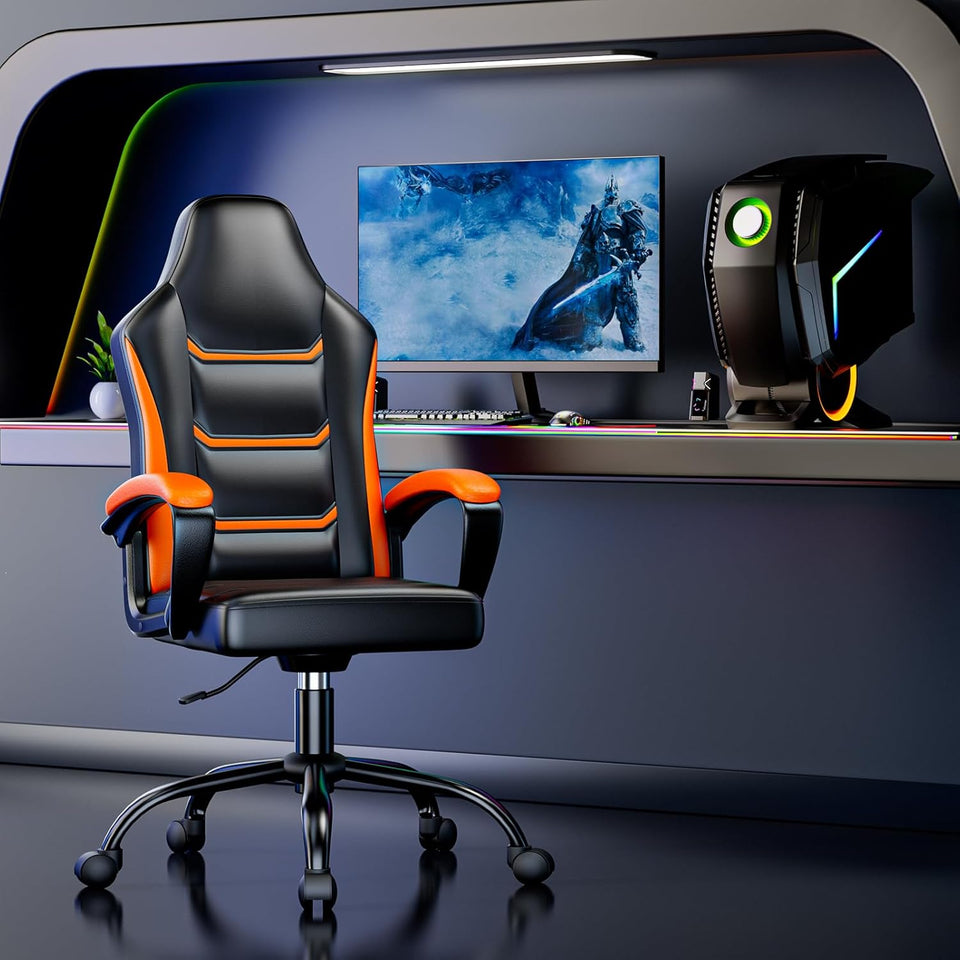 PU Leather Gaming Chair - Height Adjustable Swivel Office Chair with Metal Base (300lbs Capacity)