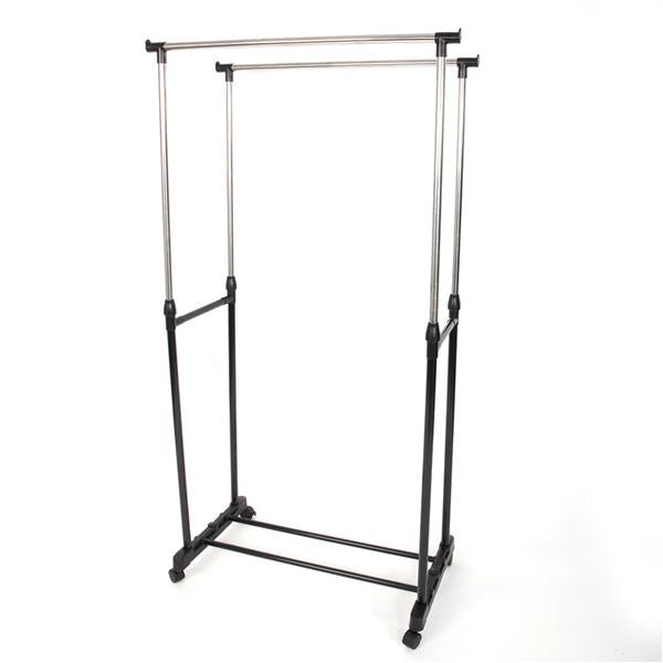 Dual-bar Vertical & Horizontal Stretching Stand Clothes Rack Portable Wardrobe with Shoe Shelf Black & Silver