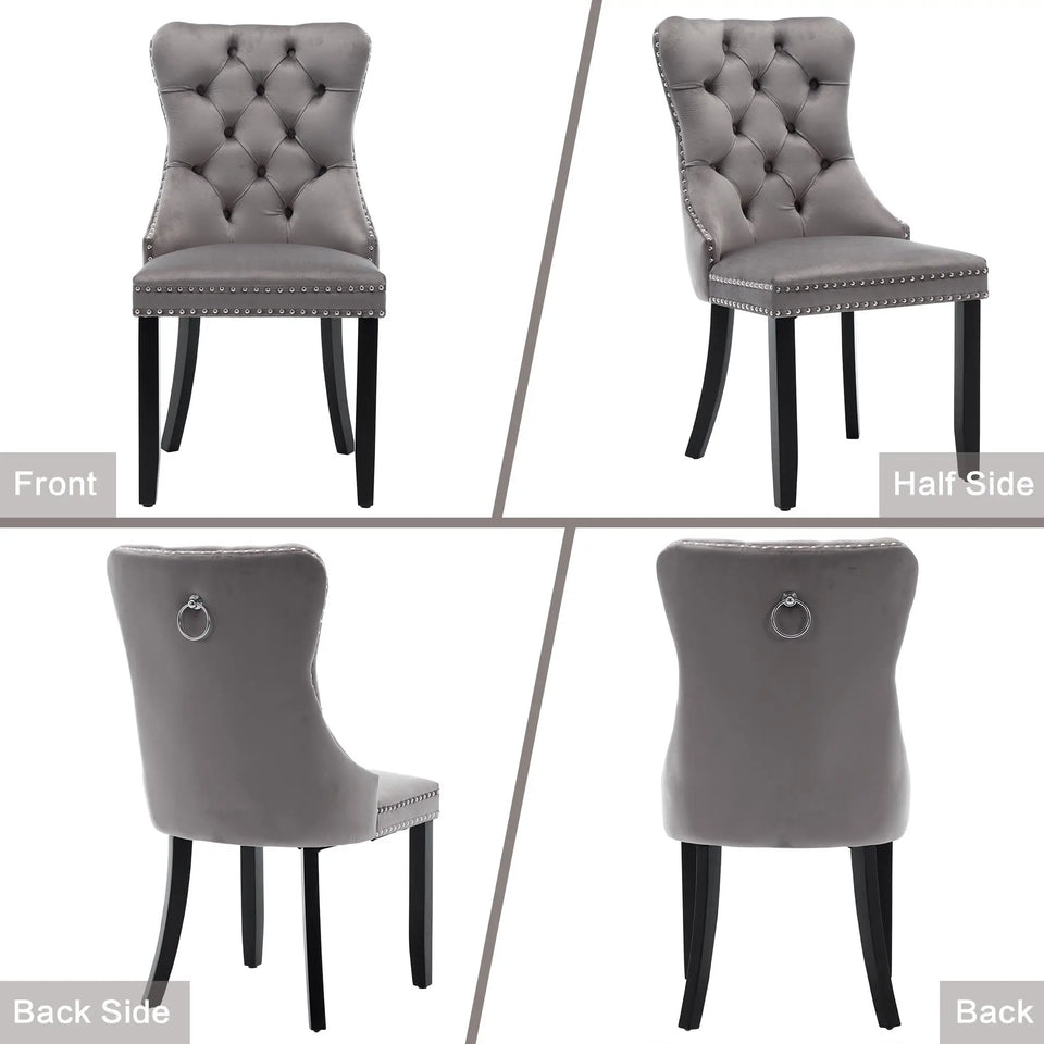 Set of 4 grey and beige velvet wingback dining chairs with button tufted backrests and solid wood legs by Lavish Kitchen Isle.