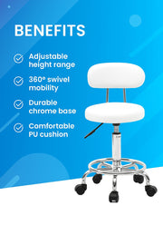 White round adjustable salon stool with backrest and line design from Lavish Kitchen Isle, ideal for salon or beauty use.