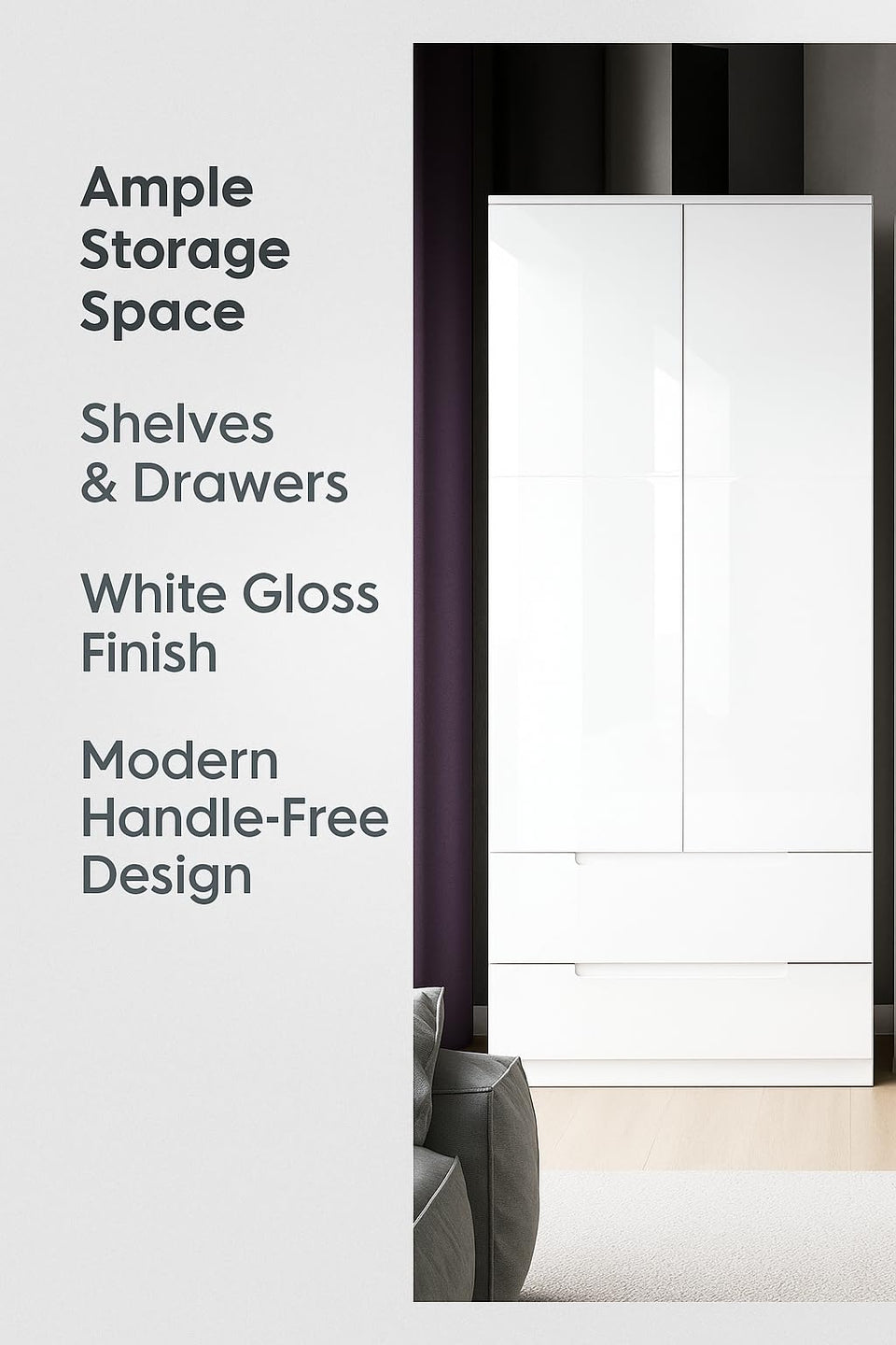 Modern Arctic Elegance White Gloss Wardrobe with Shelving and Drawers – 2 Doors, 2 Drawers, Stylish Storage Solution