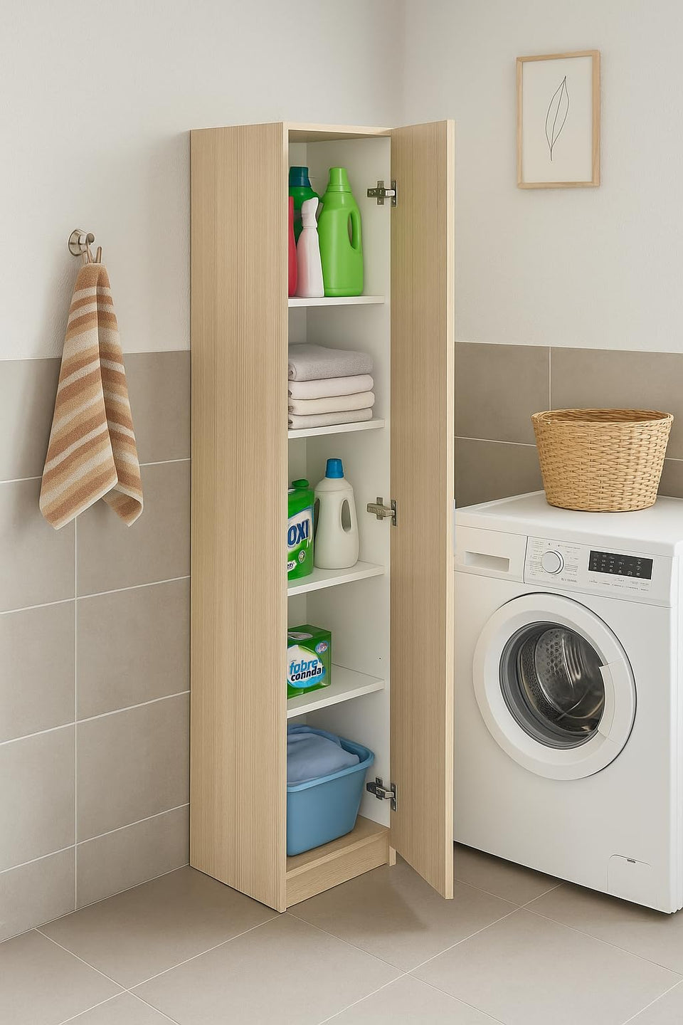 Oak Effect Narrow Storage Cupboard 37cm Wide Multi-Purpose Cabinet with Adjustable Shelves