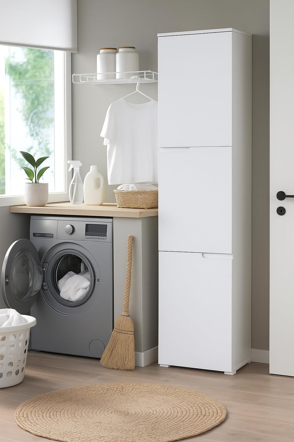 Arctic Elegance Tall Narrow Bookcase with White Gloss Doors – Modern Shelving Storage Unit with Concealed Compartments Ideal for Living Room, Office, or Study