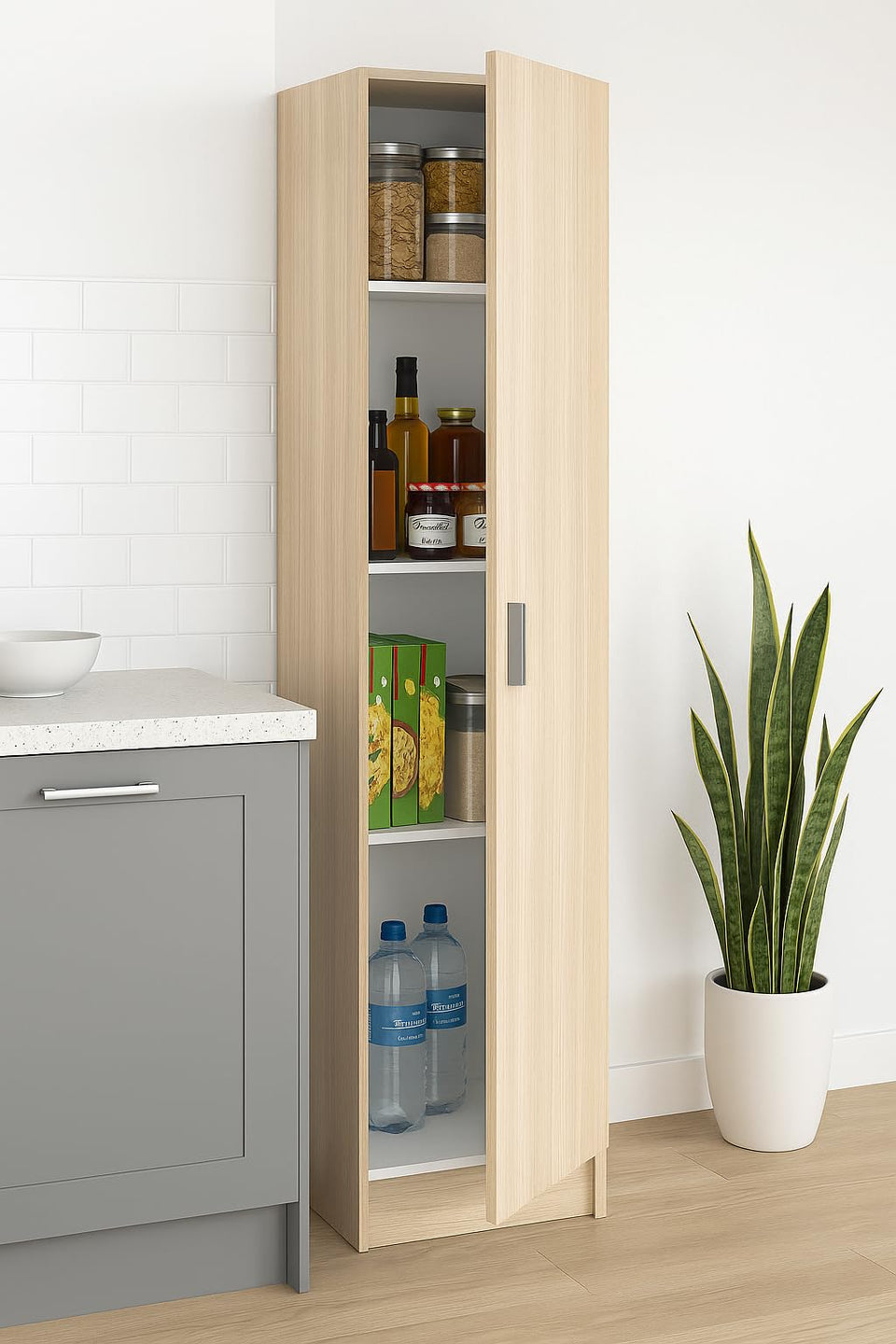 Oak Effect Narrow Storage Cupboard 37cm Wide Multi-Purpose Cabinet with Adjustable Shelves