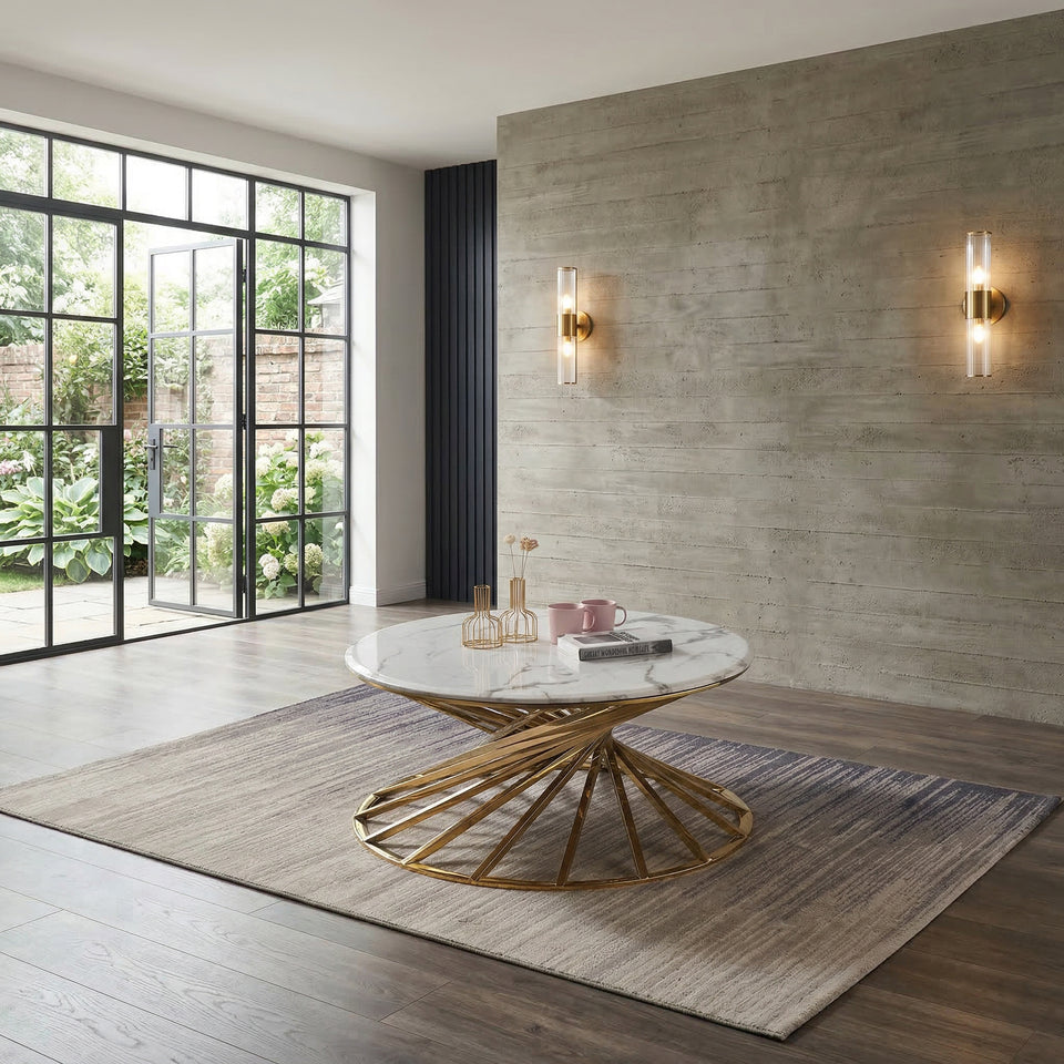 Round marble coffee table with gold frame and elegant stone top, modern living room center table by Lavish Kitchen Isle.
