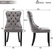 Set of 2 Lavish Kitchen Isle velvet dining chairs with button-tufted backrests and knocker ring handles in grey and beige colors.