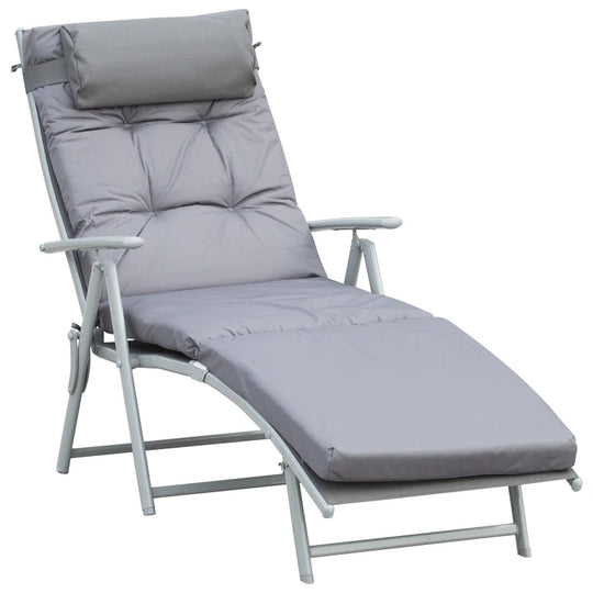 Foldable Garden Sun Lounger Chair - Heavy-Duty Outdoor Recliner with Cushion & Headrest (160kg Capacity) – Grey