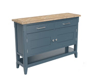 Baumhaus signature blue small sideboard with two drawers and open shelf, styled as a hall console table.