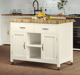 Cream kitchen island with butcher's block top by Baumhaus, featuring a spacious design and elegant finish.