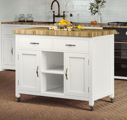 Baumhaus white kitchen island featuring a butcher's block top, perfect for food prep and additional storage.