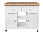 Baumhaus white kitchen island with butcher's block top, featuring storage and a sleek design for modern kitchens.