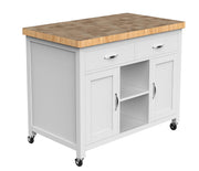 Baumhaus white kitchen island featuring a butcher's block countertop and spacious storage below.