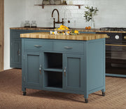 Baumhaus blue kitchen island with butcher's block top and storage, showcasing a functional and stylish design.