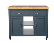 Baumhaus blue kitchen island with butcher's block top, featuring storage and a spacious design for cooking and prep.
