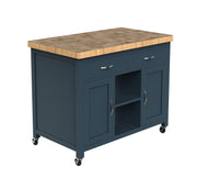 Baumhaus blue kitchen island featuring a butcher's block top and ample storage space.