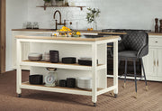 Cream kitchen island with open shelves and breakfast bar by Baumhaus, featuring a modern design and ample storage space.