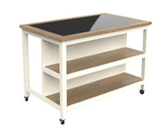 Cream Baumhaus kitchen island with open shelves and breakfast bar, featuring a modern design and ample storage space.
