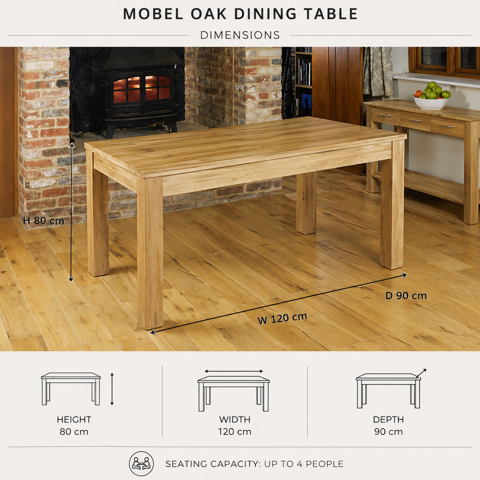 Baumhaus Mobel Oak Dining Table in 120cm slate finish, solid oak with four seats, natural wood grain and sturdy design.