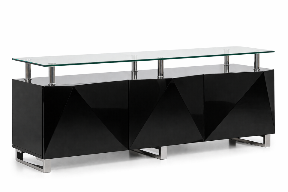 Lavish Kitchen Isle Rowley Black high gloss sideboard with three doors, modern storage cabinet for dining and living spaces