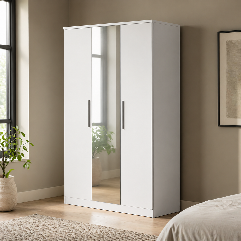 Lavish Kitchen Isle Topline 3-door wardrobe with center mirror, modern high-capacity bedroom storage cabinet, wood finish, sleek design.