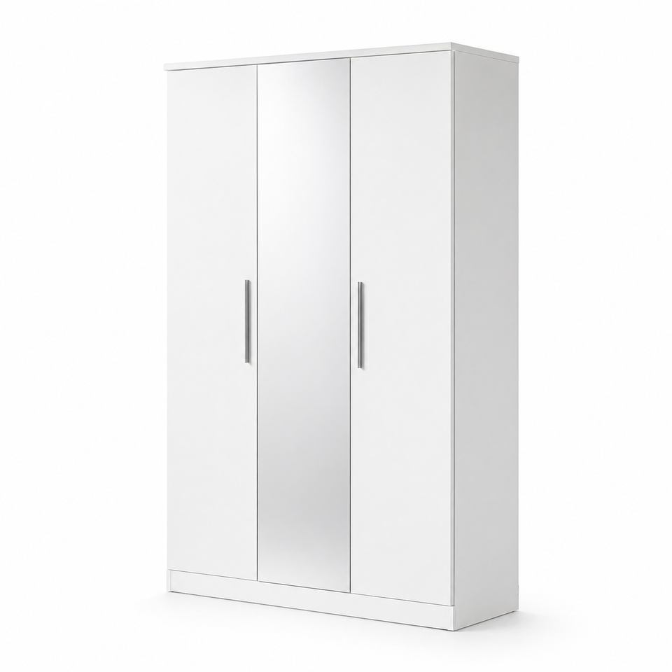 Lavish Kitchen Isle Topline 3-door wardrobe with center mirror, modern high-capacity bedroom storage cabinet, wooden finish, interior shelves