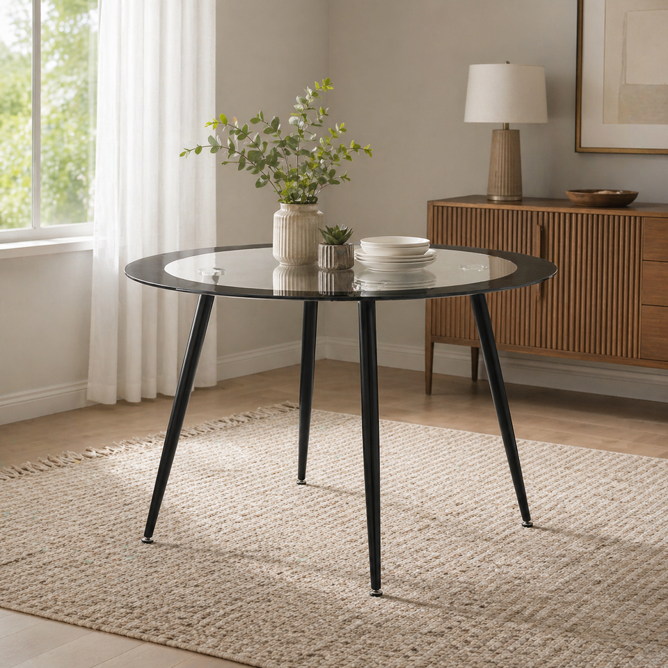 Lavish Kitchen Isle Acodia clear glass and black dining table with chrome base, contemporary tempered glass kitchen and dining table.