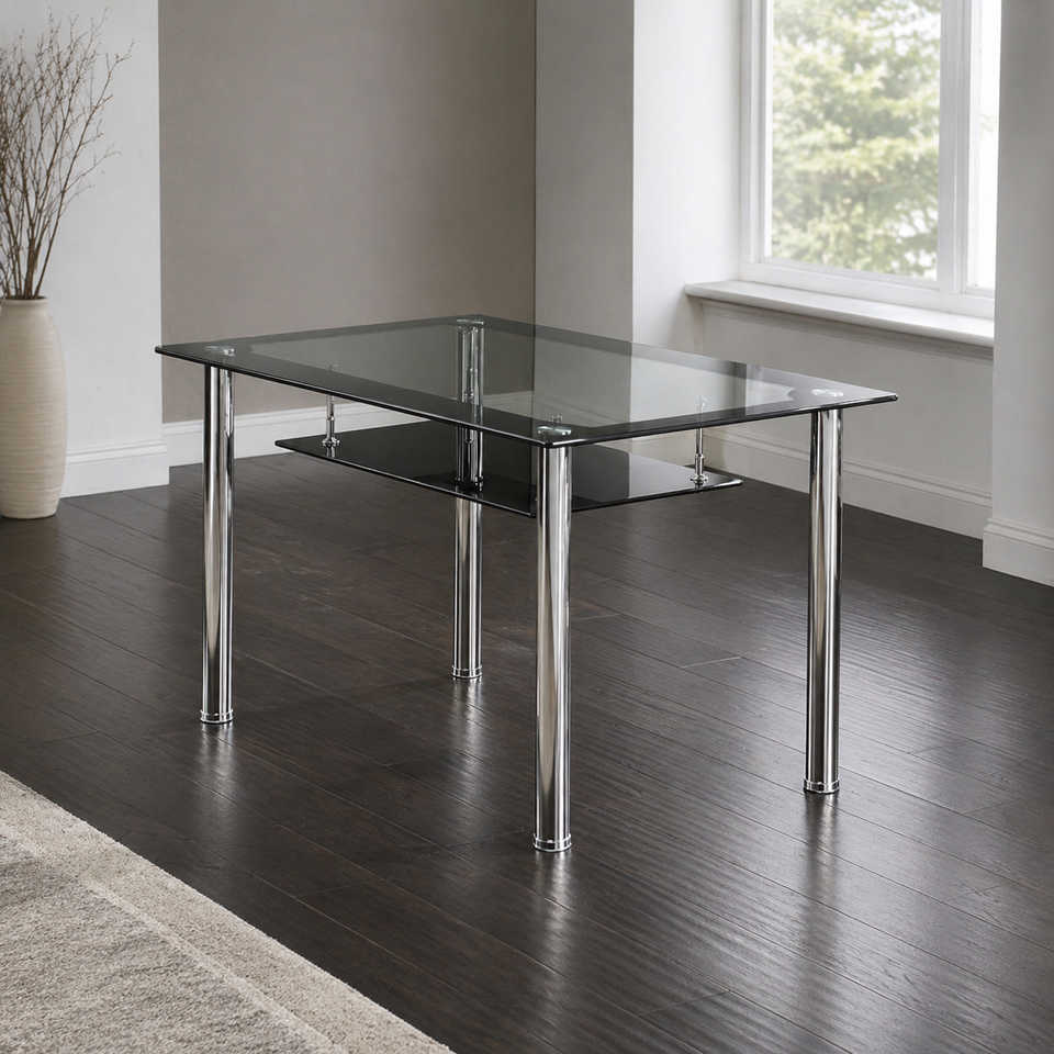 Andora chrome and black modern glass dining table with sleek contemporary base by Lavish Kitchen Isle