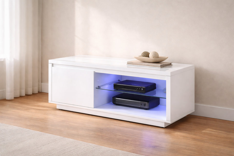 Lavish Kitchen Isle Astana White High Gloss LED TV unit with modern design, storage compartments, and ambient lighting for entertainment spaces.