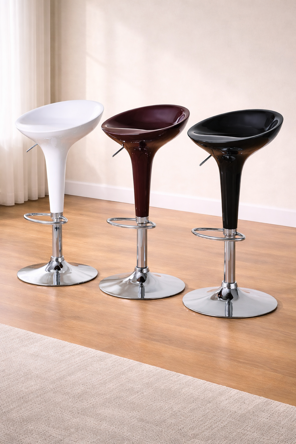 Pair of Lavish Kitchen Isle modern adjustable bar stools with wooden seats and metal bases, suitable for kitchen and breakfast bars.