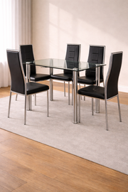 Modern glass dining table with chrome and black base by Lavish Kitchen Isle, featuring sleek contemporary design for stylish dining spaces.