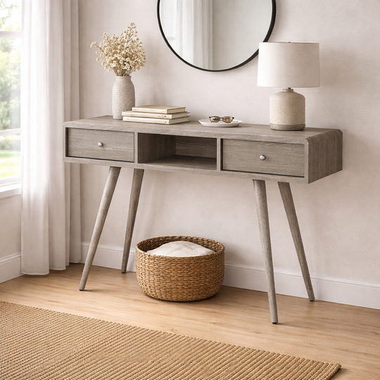 Belvoir Grey Oak Dressing Table with 2 Drawers – Modern Bedroom Vanity Table with Storage