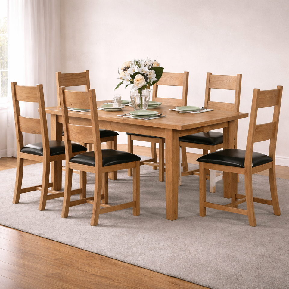 Lavish Kitchen Isle Stirling extendable dining table with smooth extension mechanism, contemporary family dining table in natural wood finish.