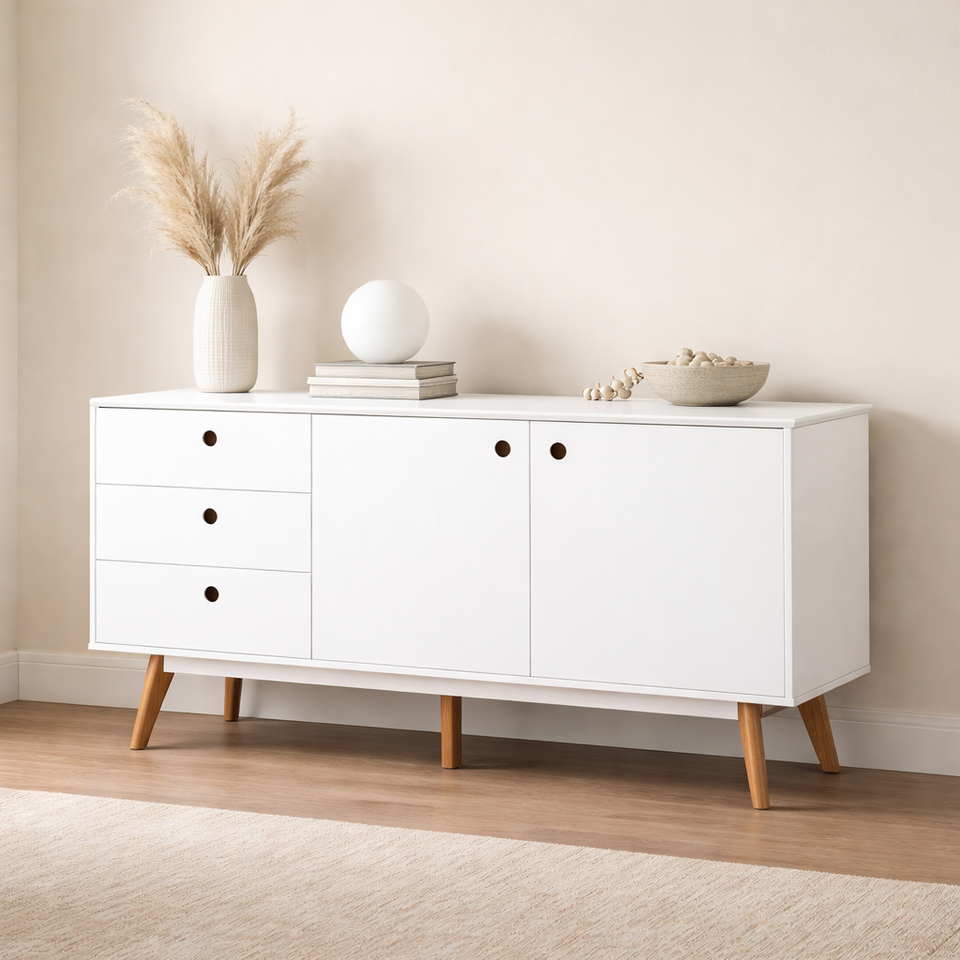Lavish Kitchen Isle Belgium White sideboard with 2 doors and 3 drawers, contemporary storage cabinet with sleek design.