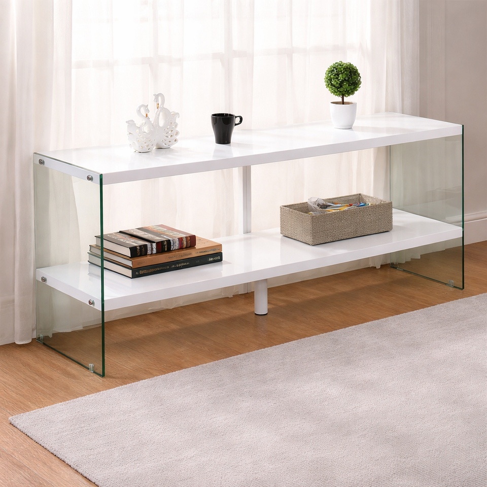 Lavish Kitchen Isle Marco white high gloss glass sideboard with sleek modern design, featuring storage cabinets and display surfaces.