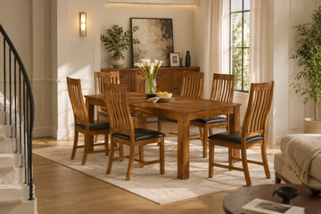 Luxury Adderley Walnut Dining Set with 6 upholstered chairs and solid wood table, perfect for modern home dining rooms.