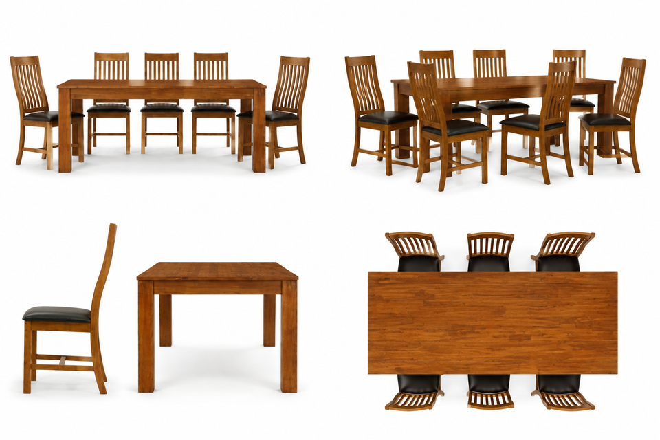 Lavish Kitchen Isle Adderley Walnut Dining Set with 6 upholstered chairs and solid wood table for modern home dining rooms.