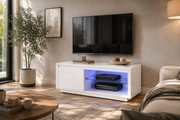 Lavish Kitchen Isle Astana White high gloss LED TV unit with modern design, storage compartments, and ambient lighting for entertainment.