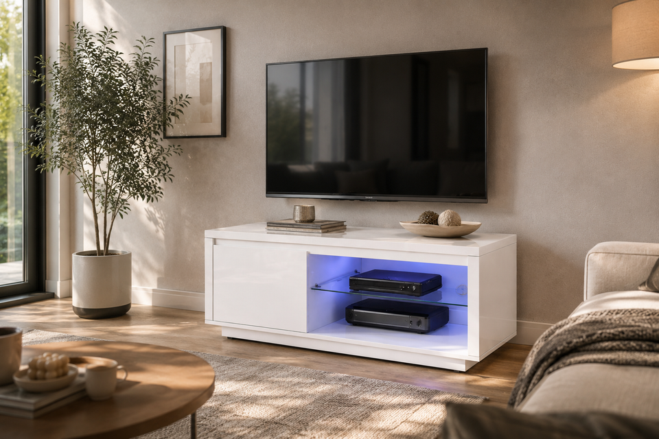 Lavish Kitchen Isle Astana White high gloss LED TV unit with modern design, storage compartments, and ambient lighting for entertainment.