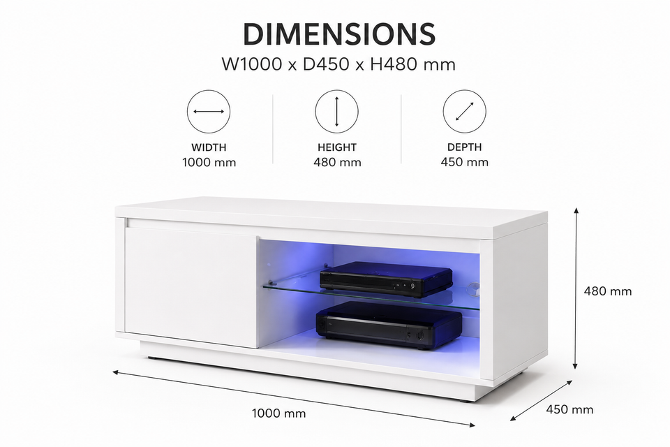 Lavish Kitchen Isle Astana White High Gloss LED TV unit with modern design, storage compartments, and ambient lighting for entertainment area.