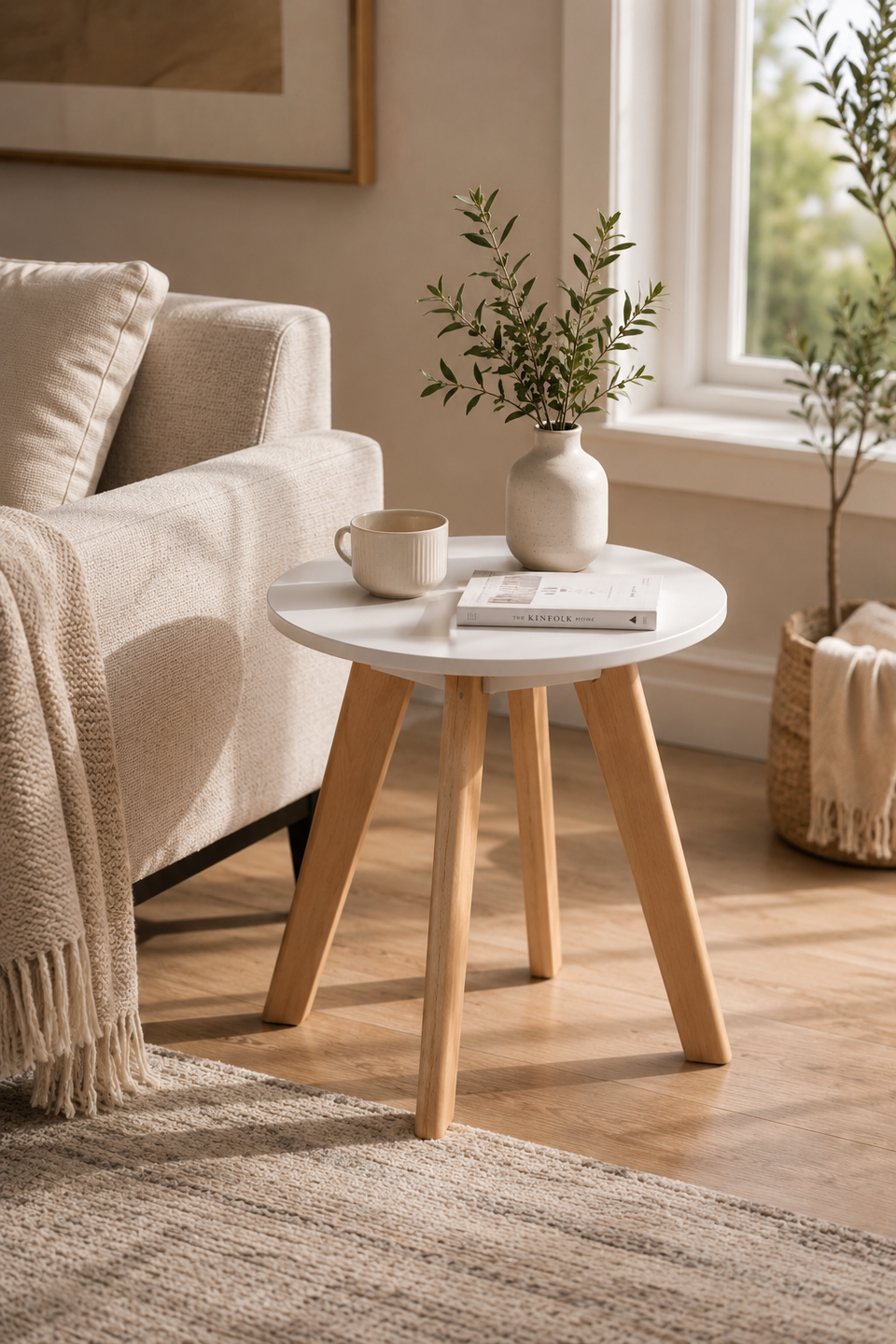 Modern Belgium White round lamp table by Lavish Kitchen Isle, featuring a sleek design for living rooms and bedrooms.