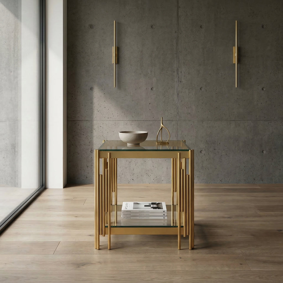 Lavish Kitchen Isle Cleveland gold frame glass lamp table with tempered glass top, luxury accent piece for living room decor.