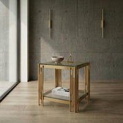 Lavish Kitchen Isle Cleveland gold frame glass lamp table with tempered glass top, shown from a corner view.