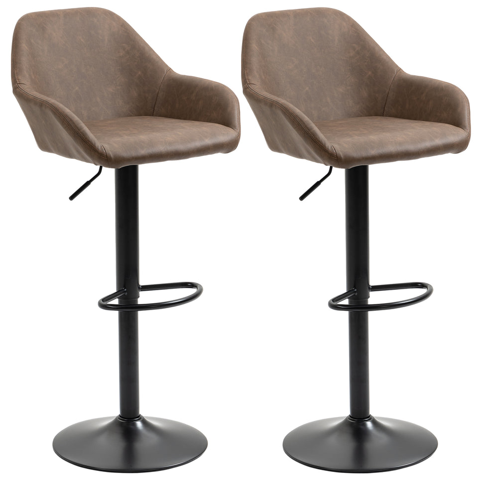 Set of 2 Adjustable Bar Stools Dark Brown Black PU Leather Swivel Breakfast Stools for Kitchen & Home Bar 360° Rotating Counter Stool