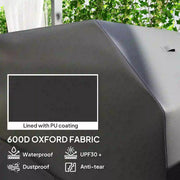 Black waterproof BBQ cover for rectangular gas grill by Lavish Kitchen Isle, designed to protect outdoor grills from weather.