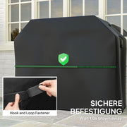 Black waterproof BBQ cover for rectangular gas grill, designed by Lavish Kitchen Isle to protect outdoor grills from weather.