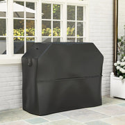 Black waterproof BBQ cover for rectangular gas grill, designed by Lavish Kitchen Isle, protects outdoor grilling equipment from weather.